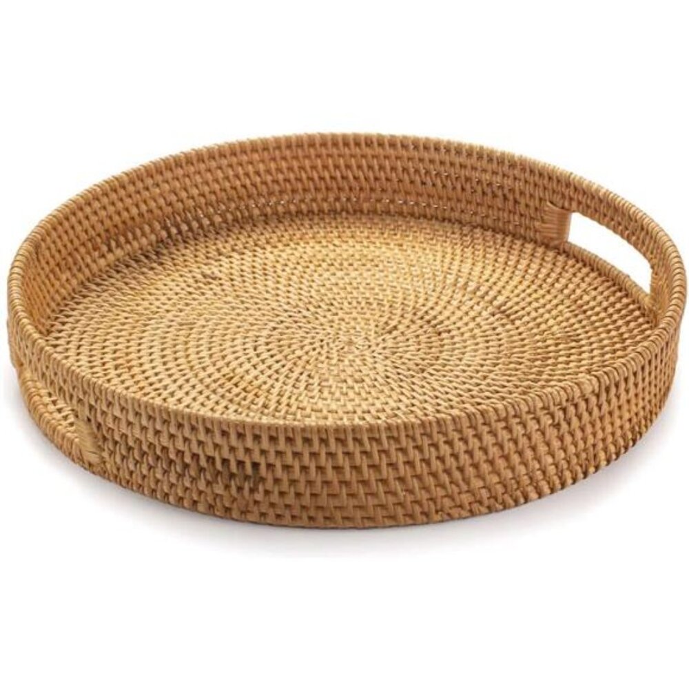 Round Serving Tray, Decorative Coffee Table Tray, Ottoman Hand Woven